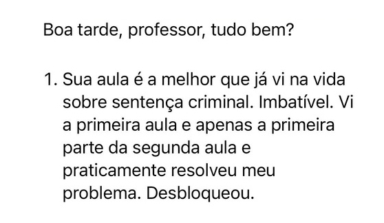 Mensagem de aluno sobre o curso