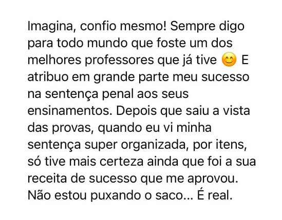 Mensagem de aluno sobre o curso