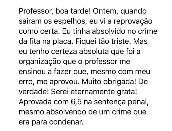 Mensagem de aluno sobre o curso