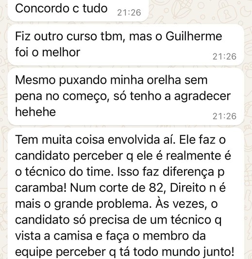 Mensagem de aluno sobre o curso