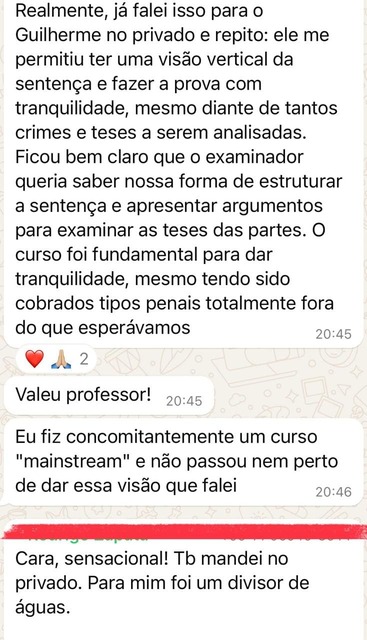 Mensagem de aluno sobre o curso