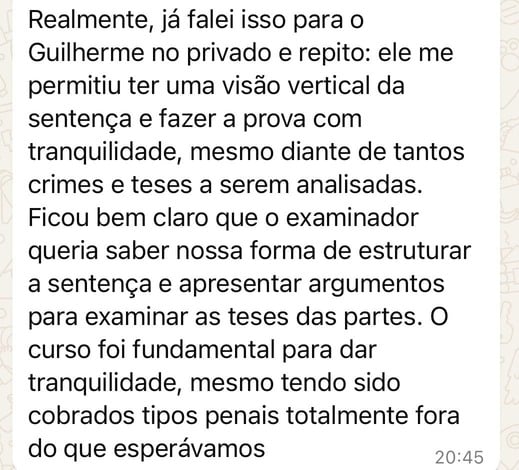 Mensagem de aluno sobre o curso