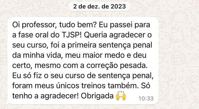 Mensagem de aluno sobre o curso