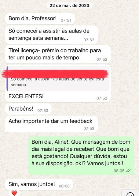 Mensagem de aluno sobre o curso