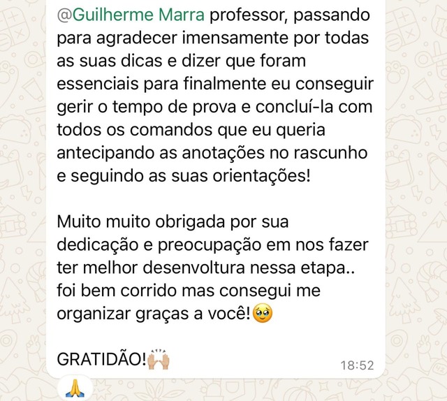 Mensagem de aluno sobre o curso
