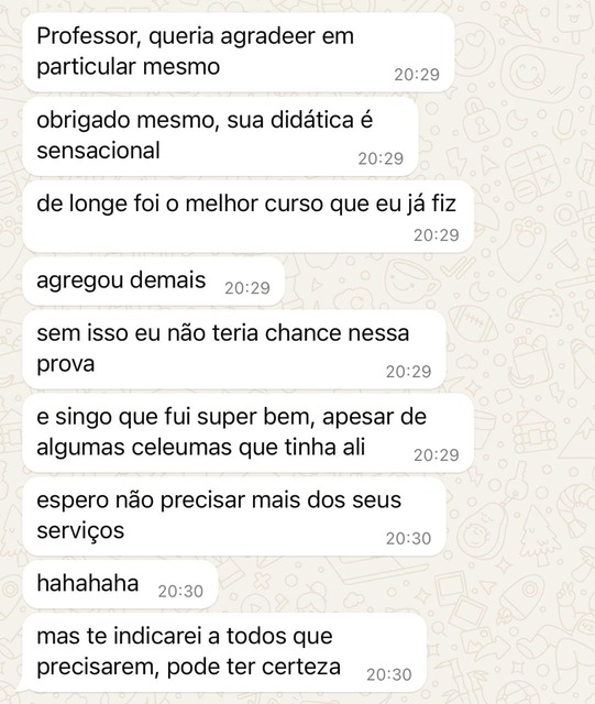 Mensagem de aluno sobre o curso