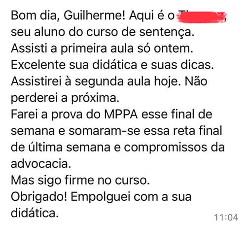 Mensagem de aluno sobre o curso